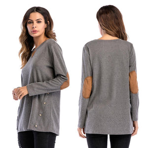 Plain Round Neck Button Collage Long Sleeve Top