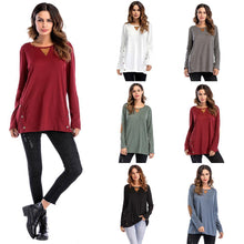 Load image into Gallery viewer, Plain Round Neck Button Collage Long Sleeve Top