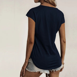 Round Neck Half Zip Panel Lace Short Sleeve T-shirt