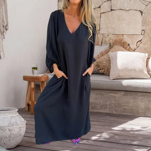 Loose V-Neck Solid Color Lantern Sleeve Dress