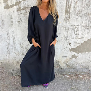 Loose V-Neck Solid Color Lantern Sleeve Dress