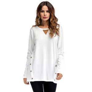 Plain Round Neck Button Collage Long Sleeve Top