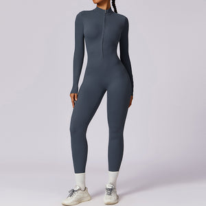 Women's Solid Zip Up Long Sleeve Sports Jumpsuit