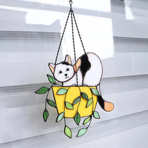 Cat in a flowerpot Suncatcher Stained Glass Window Hangins