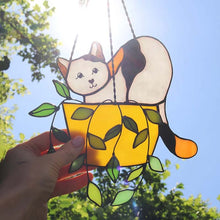 Load image into Gallery viewer, Cat in a flowerpot Suncatcher Stained Glass Window Hangins