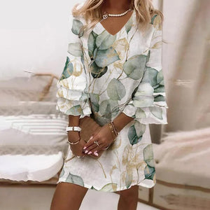 Three Quarter Sleeve Print Mini Dress