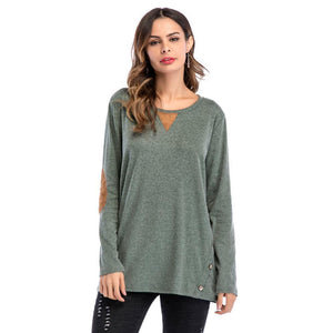 Plain Round Neck Button Collage Long Sleeve Top