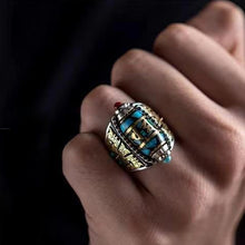 Load image into Gallery viewer, Turquoise Six-character Mantra Nine-eyed Dzi Bead Ring