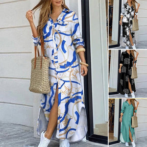 Elegant Printed Single-Breasted Slit Dress