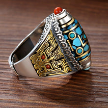 Load image into Gallery viewer, Turquoise Six-character Mantra Nine-eyed Dzi Bead Ring