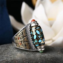 Load image into Gallery viewer, Turquoise Six-character Mantra Nine-eyed Dzi Bead Ring