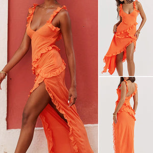 Elegant Solid Color V-neck Ruffle Dress