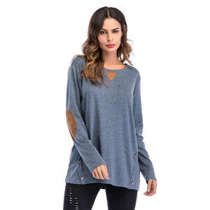 Plain Round Neck Button Collage Long Sleeve Top