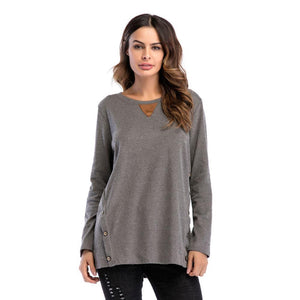 Plain Round Neck Button Collage Long Sleeve Top