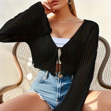 Load image into Gallery viewer, Women&#39;s Plain Hollow Out Tie Front Crop Cardigan Sweater