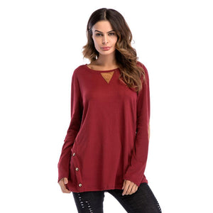 Plain Round Neck Button Collage Long Sleeve Top