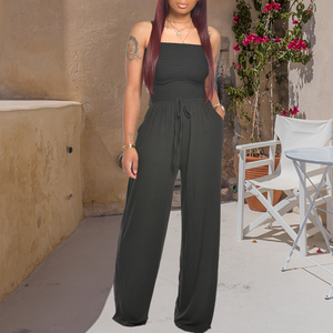 Asymmetric Solid Color Smocked Jumpsuit