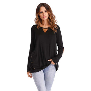 Plain Round Neck Button Collage Long Sleeve Top