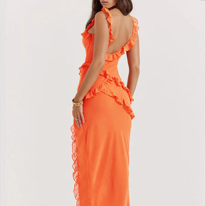 Elegant Solid Color V-neck Ruffle Dress