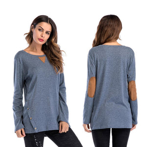 Plain Round Neck Button Collage Long Sleeve Top