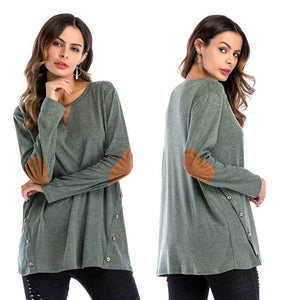 Plain Round Neck Button Collage Long Sleeve Top