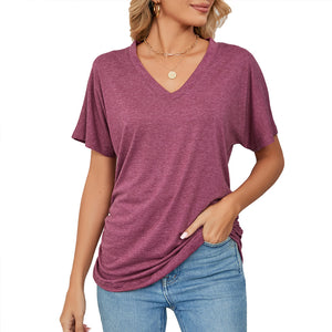 New Casual Pullover V-Neck Solid Color Loose Ladies Tops