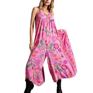 Vintage Floral Print Loose Sleeveless Jumpsuit