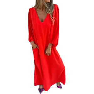 Loose V-Neck Solid Color Lantern Sleeve Dress