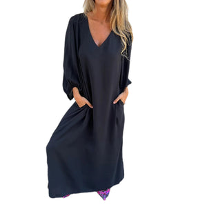 Loose V-Neck Solid Color Lantern Sleeve Dress