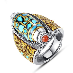 Turquoise Six-character Mantra Nine-eyed Dzi Bead Ring