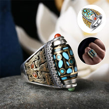 Load image into Gallery viewer, Turquoise Six-character Mantra Nine-eyed Dzi Bead Ring
