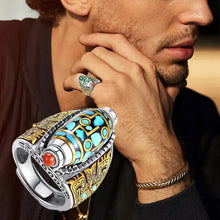 Load image into Gallery viewer, Turquoise Six-character Mantra Nine-eyed Dzi Bead Ring