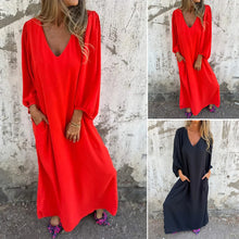 Load image into Gallery viewer, Loose V-Neck Solid Color Lantern Sleeve Dress