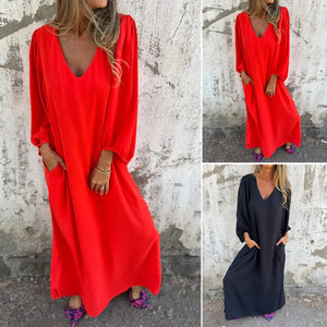 Loose V-Neck Solid Color Lantern Sleeve Dress