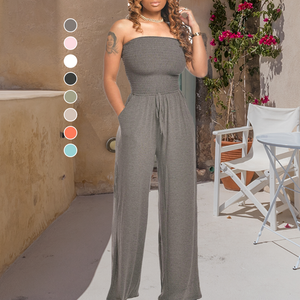 Asymmetric Solid Color Smocked Jumpsuit