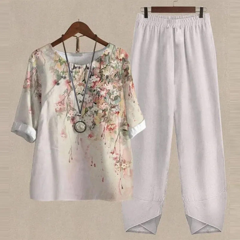 Women's Two Piece Outfits Floral Crewneck Suit