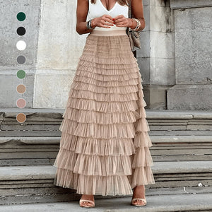 Tiered Elastic Waist Tulle Maxi Skirt