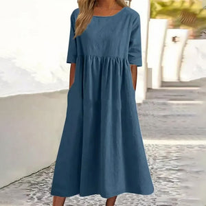 Women's Casual Crew Neck Pocket Smocked Cotton Dress