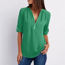 Load image into Gallery viewer, V Neck Zipper Patchwork Plain Blouses