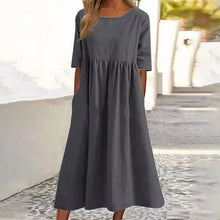 Load image into Gallery viewer, Women&#39;s Casual Crew Neck Pocket Smocked Cotton Dress