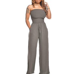 Asymmetric Solid Color Smocked Jumpsuit