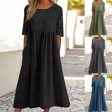 Load image into Gallery viewer, Women&#39;s Casual Crew Neck Pocket Smocked Cotton Dress